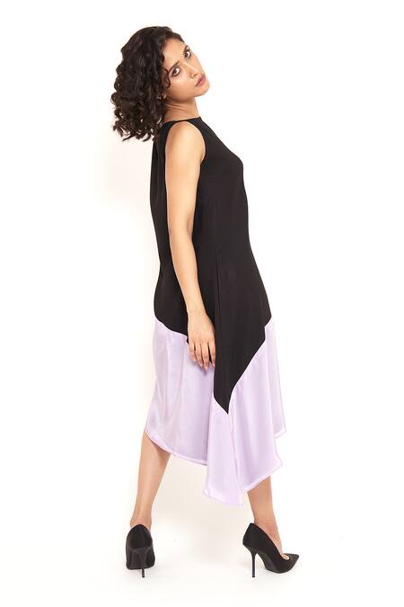 House Of Behram_Black Modal Boat Neck Color Block Asymmetric Dress _at_Aza_Fashions