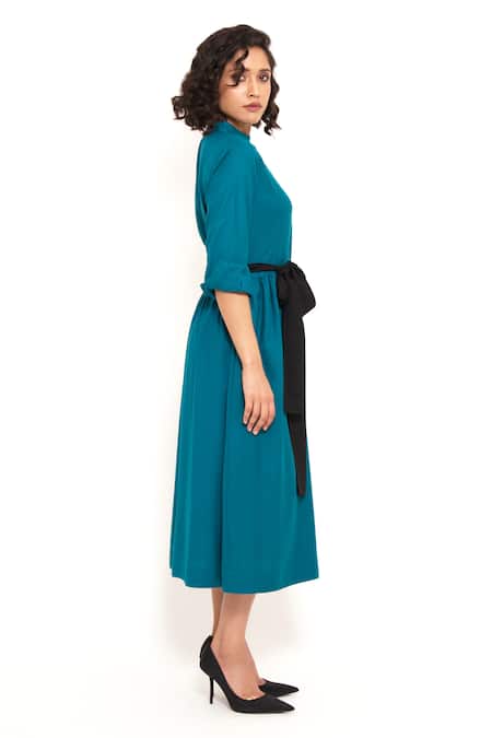 House Of Behram_Green Viscose High Neck Button Down Solid Dress With Belt _Online_at_Aza_Fashions