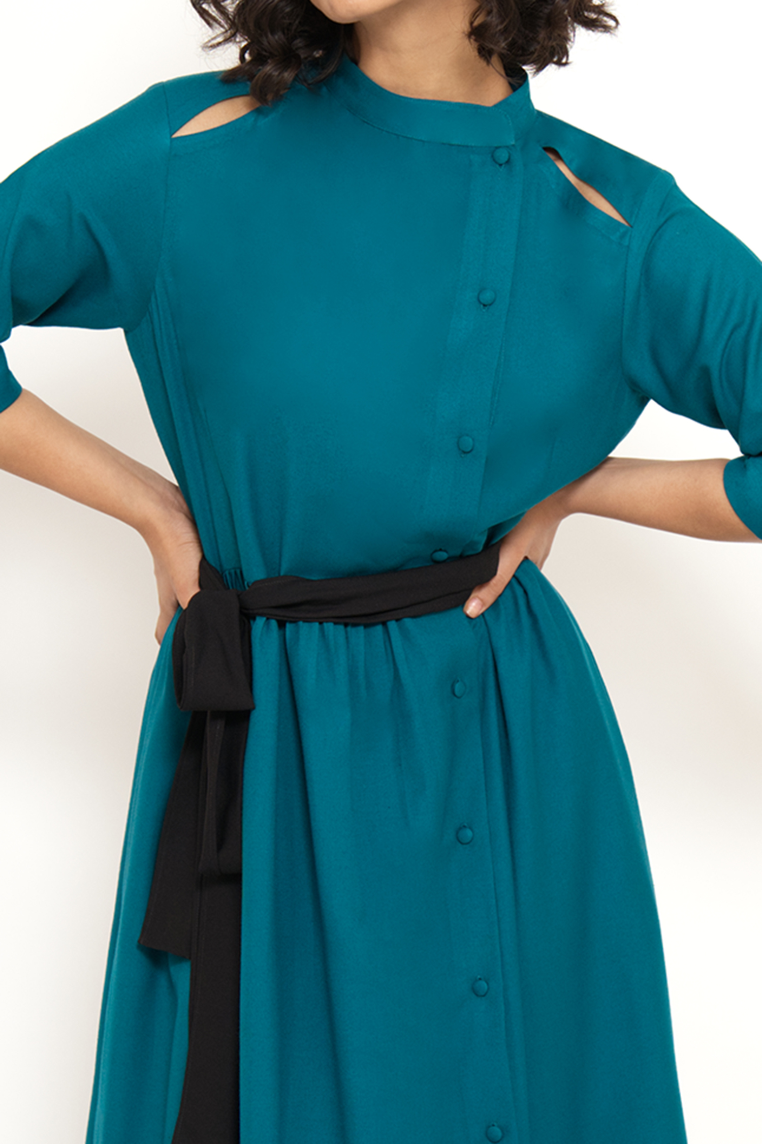 Shop_House Of Behram_Green Viscose High Neck Button Down Solid Dress With Belt _Online_at_Aza_Fashions