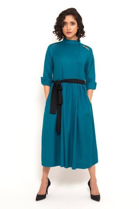House Of Behram_Green Viscose High Neck Button Down Solid Dress With Belt _at_Aza_Fashions