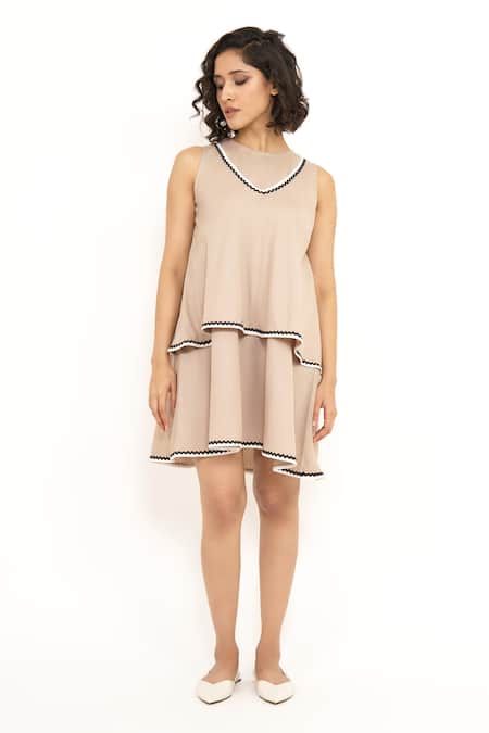 House Of Behram_Beige Viscose, Silk Round Neck Contrast Border Layered Dress _Online_at_Aza_Fashions