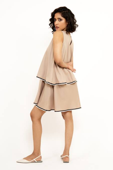 Buy_House Of Behram_Beige Viscose, Silk Round Neck Contrast Border Layered Dress _Online_at_Aza_Fashions