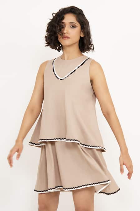 Shop_House Of Behram_Beige Viscose, Silk Round Neck Contrast Border Layered Dress _Online_at_Aza_Fashions