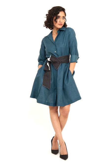 House Of Behram_Green Silk, Linen Bows Collared Shirt Dress With Striped Belt _Online_at_Aza_Fashions
