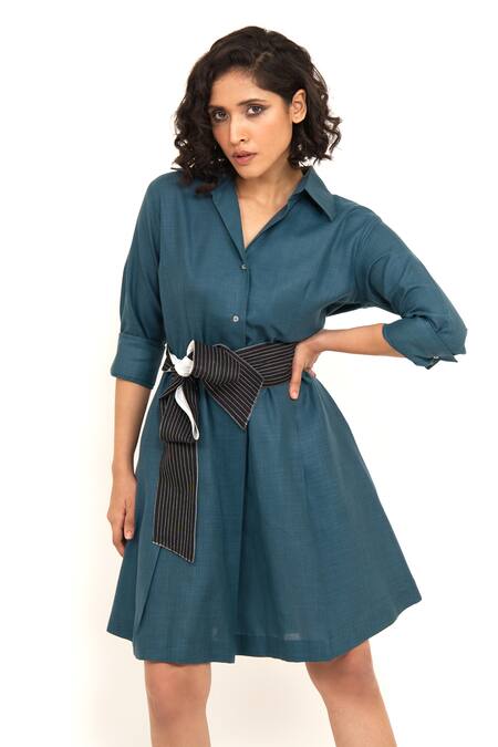 Buy_House Of Behram_Green Silk, Linen Bows Collared Shirt Dress With Striped Belt _Online_at_Aza_Fashions
