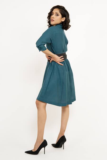 House Of Behram_Green Silk, Linen Bows Collared Shirt Dress With Striped Belt _at_Aza_Fashions