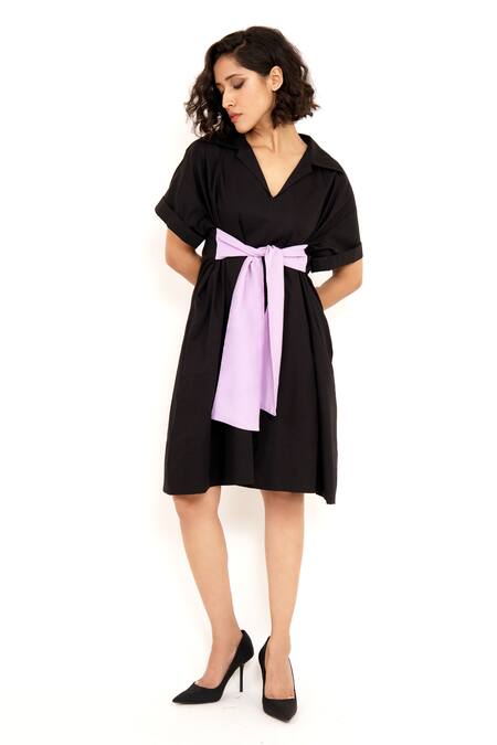 House Of Behram_Black Cotton, Poplin Bows Collared Contrast Tie Dress _Online_at_Aza_Fashions