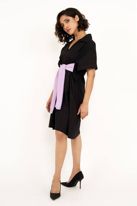 Buy_House Of Behram_Black Cotton, Poplin Bows Collared Contrast Tie Dress _Online_at_Aza_Fashions
