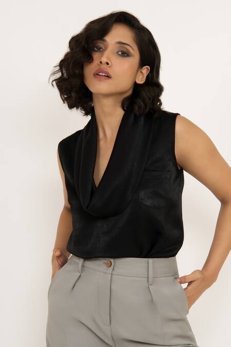House Of Behram_Black Velvet, Satin Cowl Neck Top _Online_at_Aza_Fashions