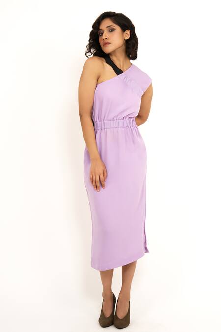 House Of Behram_Purple Modal V-neck Elasticated Detail Dress _Online_at_Aza_Fashions