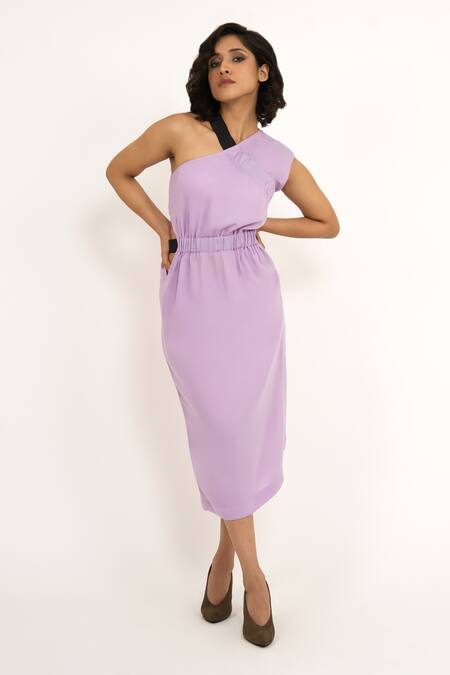 Buy_House Of Behram_Purple Modal V-neck Elasticated Detail Dress _Online_at_Aza_Fashions