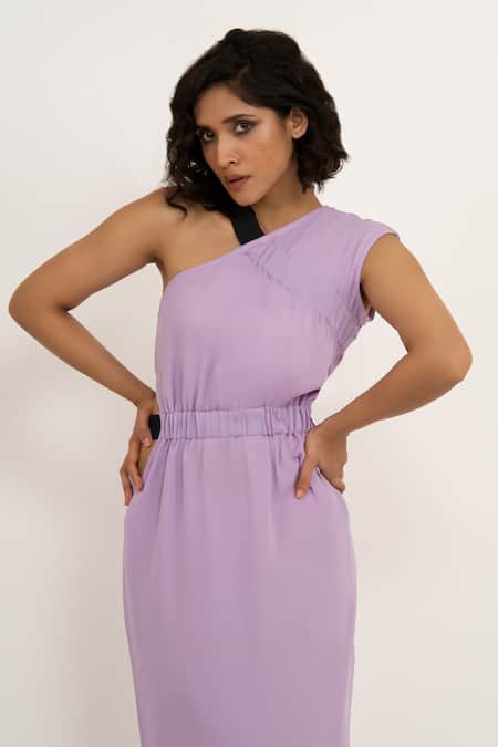 House Of Behram_Purple Modal V-neck Elasticated Detail Dress _at_Aza_Fashions