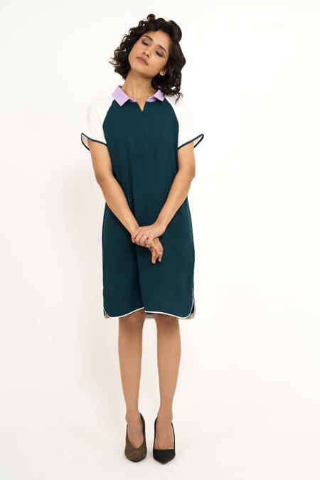 House Of Behram_Green Collared Raglan Sleeve Color Block Dress _Online_at_Aza_Fashions