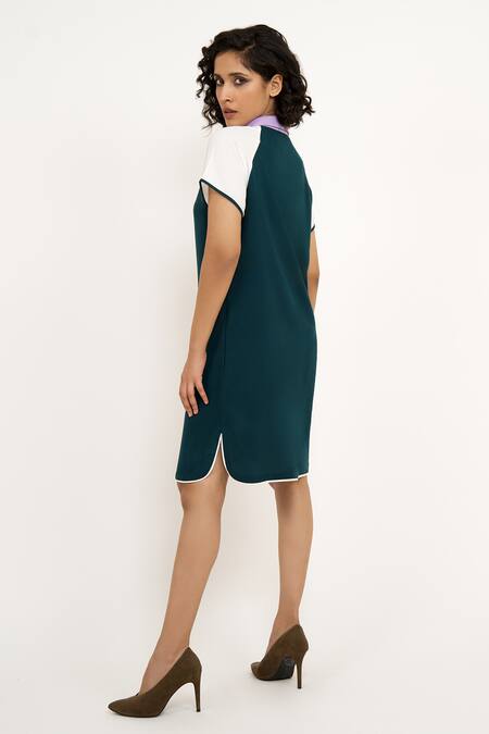 Buy Green Moss Crepe Plain Collar Raglan Sleeve Color Block Dress For Women  by House of Behram Online at Aza Fashions.