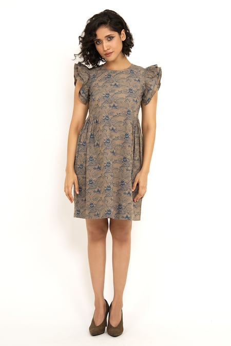 House Of Behram_Beige Cotton Round Neck Floral Print Ruffle Sleeve Dress _Online_at_Aza_Fashions