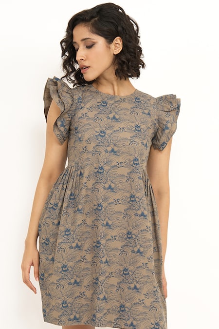 Buy_House Of Behram_Beige Cotton Round Neck Floral Print Ruffle Sleeve Dress _Online_at_Aza_Fashions