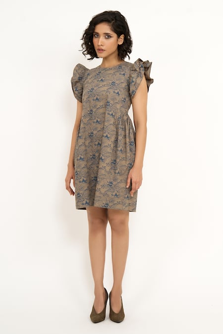 Shop_House Of Behram_Beige Cotton Round Neck Floral Print Ruffle Sleeve Dress _Online_at_Aza_Fashions