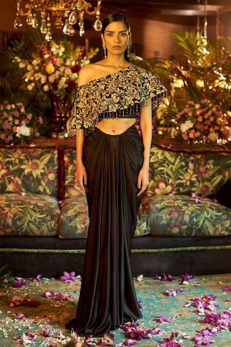 Shreeka Black Viscose, Satin, Crepe Pearls, Floral Embroidered Cape Draped Skirt Set