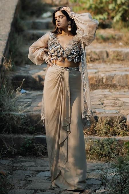 Shop Jade By Ashima Brown Organza, Crepe Floral Blouse Scoop Neck, Pansies Shrug And Draped Skirt Set at Aza Fashions Shop_Jade By Ashima_Brown Organza, Crepe Floral Blouse Scoop Neck, Pansies Shrug And Draped Skirt Set _at_Aza_Fashions