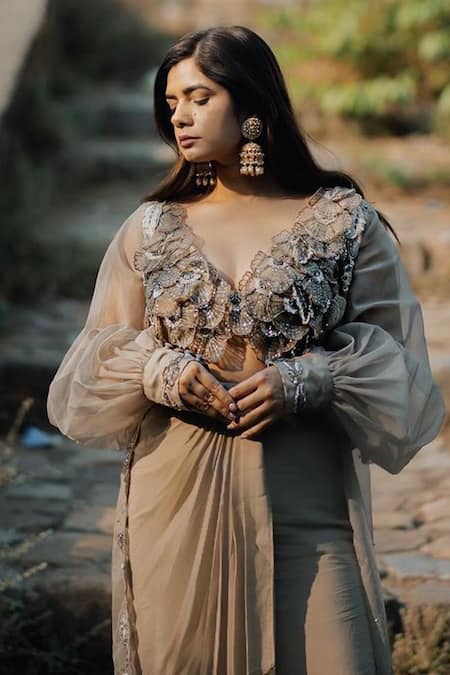 Buy Jade By Ashima Brown Organza, Crepe Floral Blouse Scoop Neck, Pansies Shrug And Draped Skirt Set Buy_Jade By Ashima_Brown Organza, Crepe Floral Blouse Scoop Neck, Pansies Shrug And Draped Skirt Set