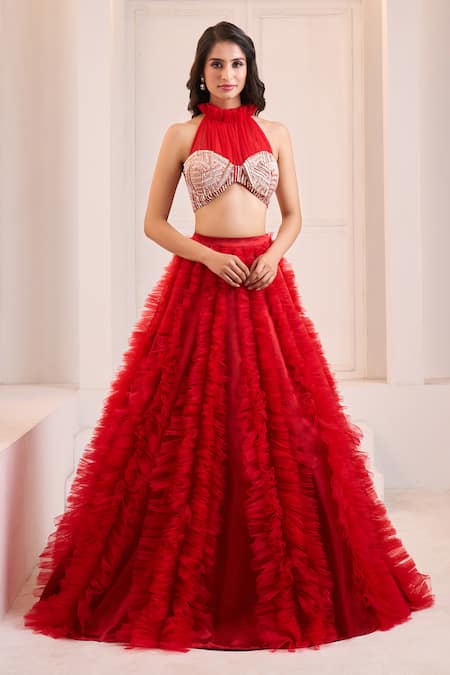 Buy_Masumi Mewawalla X AZA_Red Net, Satin Sequins, Cut Work Halter Ruffled Lehenga With Embroidered Blouse _Online_at_Aza_Fashions