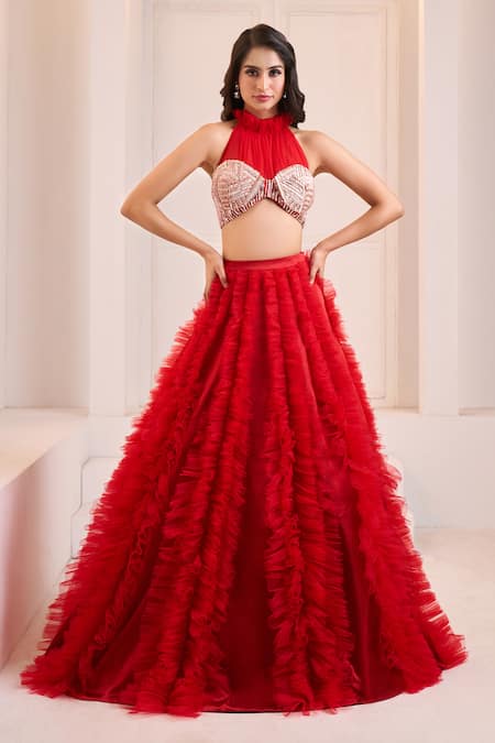 Shop_Masumi Mewawalla X AZA_Red Net, Satin Sequins, Cut Work Halter Ruffled Lehenga With Embroidered Blouse _Online_at_Aza_Fashions