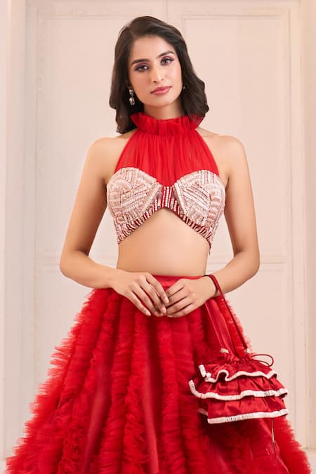 Masumi Mewawalla X AZA_Red Net, Satin Sequins, Cut Work Halter Ruffled Lehenga With Embroidered Blouse _at_Aza_Fashions