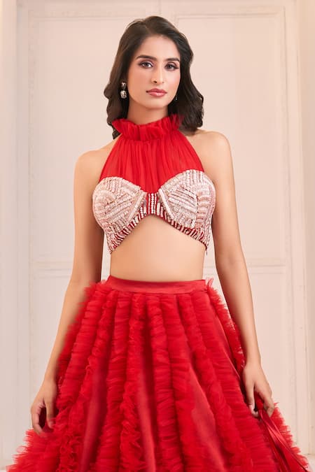 Buy_Masumi Mewawalla X AZA_Red Net, Satin Sequins, Cut Work Halter Ruffled Lehenga With Embroidered Blouse 