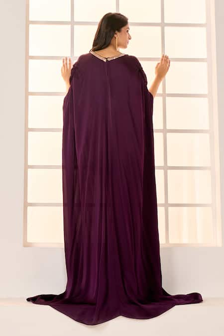 Masumi Mewawalla X AZA_Wine Satin, Organza Embroidery V-neck Front Twisted Draped Kaftan _Online_at_Aza_Fashions