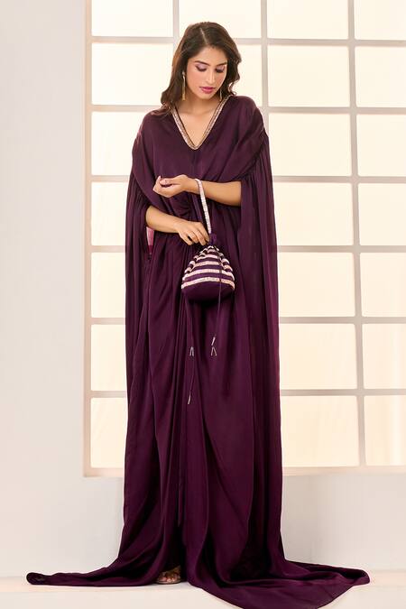 Buy_Masumi Mewawalla X AZA_Wine Satin, Organza Embroidery V-neck Front Twisted Draped Kaftan _Online_at_Aza_Fashions