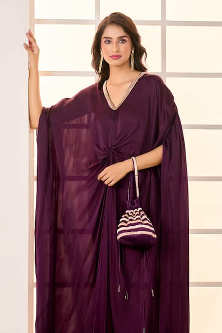 Masumi Mewawalla X AZA_Wine Satin, Organza Embroidery V-neck Front Twisted Draped Kaftan _at_Aza_Fashions
