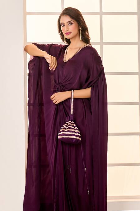 Buy_Masumi Mewawalla X AZA_Wine Satin, Organza Embroidery V-neck Front Twisted Draped Kaftan 