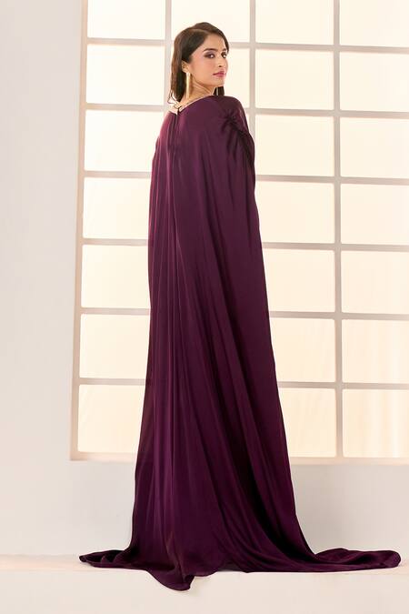 Shop_Masumi Mewawalla X AZA_Wine Satin, Organza Embroidery V-neck Front Twisted Draped Kaftan 