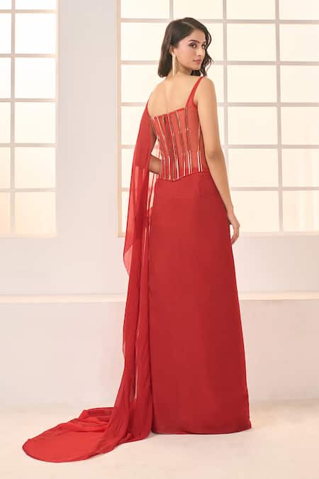 Masumi Mewawalla X AZA Red Net, Satin, Silk Sequins Sweetheart Pre-draped Ruffle Saree And Corset Blouse Online at Aza Fashions Masumi Mewawalla X AZA_Red Net, Satin, Silk Sequins Sweetheart Pre-draped Ruffle Saree And Corset Blouse _Online_at_Aza_Fashions