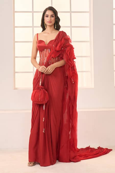 Shop Masumi Mewawalla X AZA Red Net, Satin, Silk Sequins Sweetheart Pre-draped Ruffle Saree And Corset Blouse Shop_Masumi Mewawalla X AZA_Red Net, Satin, Silk Sequins Sweetheart Pre-draped Ruffle Saree And Corset Blouse