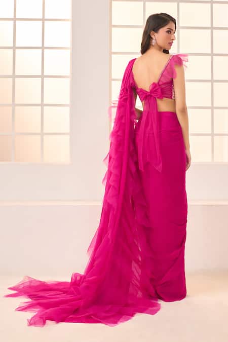 Masumi Mewawalla x AZA Pink Net, Crepe Sequins Sweetheart Neck Pre-draped Ruffle Saree With Blouse Online at Aza Fashions Masumi Mewawalla x AZA_Pink Net, Crepe Sequins Sweetheart Neck Pre-draped Ruffle Saree With Blouse _Online_at_Aza_Fashions