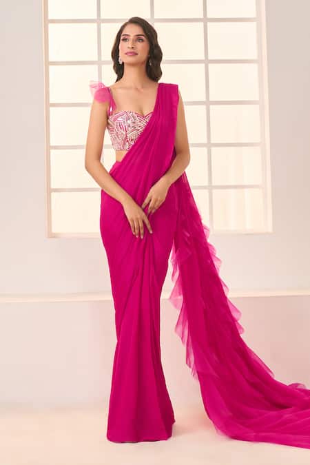 Shop Masumi Mewawalla x AZA Pink Net, Crepe Sequins Sweetheart Neck Pre-draped Ruffle Saree With Blouse Online at Aza Fashions Shop_Masumi Mewawalla x AZA_Pink Net, Crepe Sequins Sweetheart Neck Pre-draped Ruffle Saree With Blouse _Online_at_Aza_Fashions