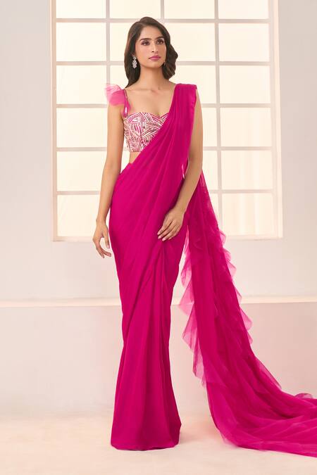 Shloka Khialani | Claire Hot Pink Pleated Sari With Blouse | INDIASPOPUP.COM