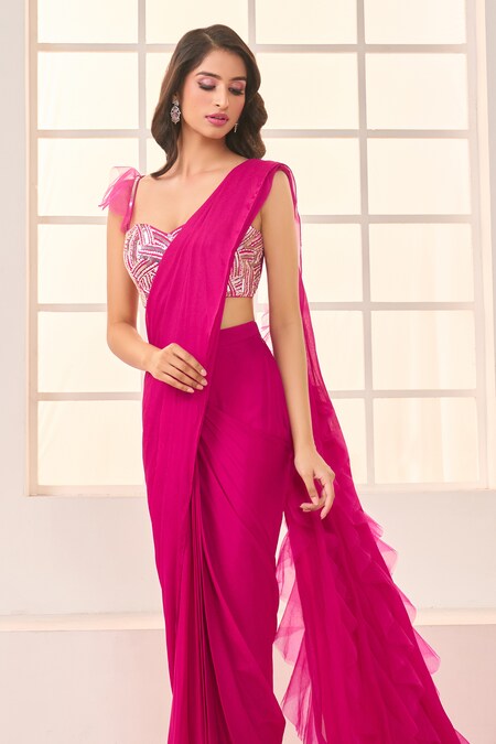 Neon Pink Silk Georgette Embellished Drape Saree Set Design by Chhaya  Mehrotra at Pernia's Pop Up Shop 2024