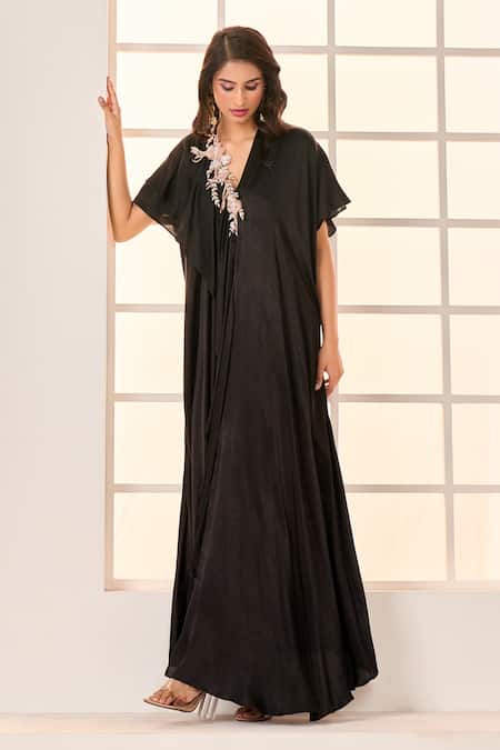 Buy_Masumi Mewawalla X AZA_Black Gabardine Embroidery V-neck Placement Layered Kaftan _Online_at_Aza_Fashions