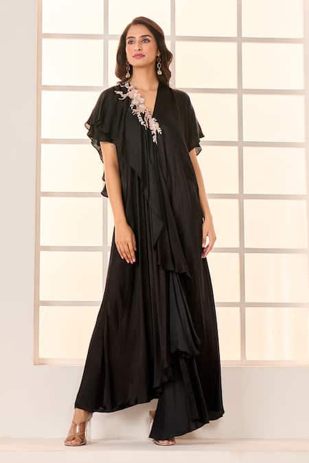 Shop_Masumi Mewawalla X AZA_Black Gabardine Embroidery V-neck Placement Layered Kaftan _Online_at_Aza_Fashions
