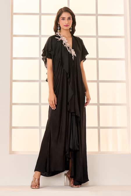 Masumi Mewawalla X AZA_Black Gabardine Embroidery V-neck Placement Layered Kaftan _at_Aza_Fashions