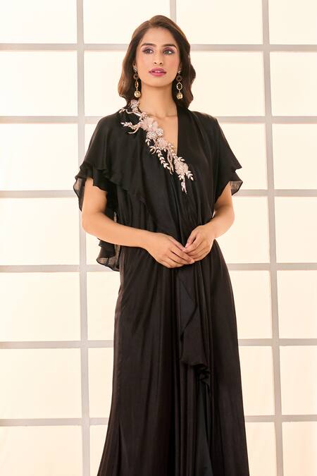 Buy_Masumi Mewawalla X AZA_Black Gabardine Embroidery V-neck Placement Layered Kaftan 