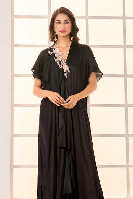 Shop_Masumi Mewawalla X AZA_Black Gabardine Embroidery V-neck Placement Layered Kaftan 