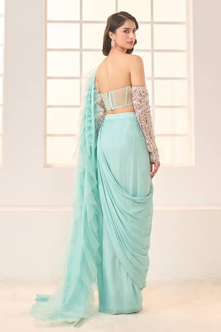 Masumi Mewawalla X AZA Silver Net, Crepe, Satin, Silk Sequins, Cut Work Mint Pre-draped Saree And Blouse Online at Aza Fashions Masumi Mewawalla X AZA_Silver Net, Crepe, Satin, Silk Sequins, Cut Work Mint Pre-draped Saree And Blouse _Online_at_Aza_Fashions