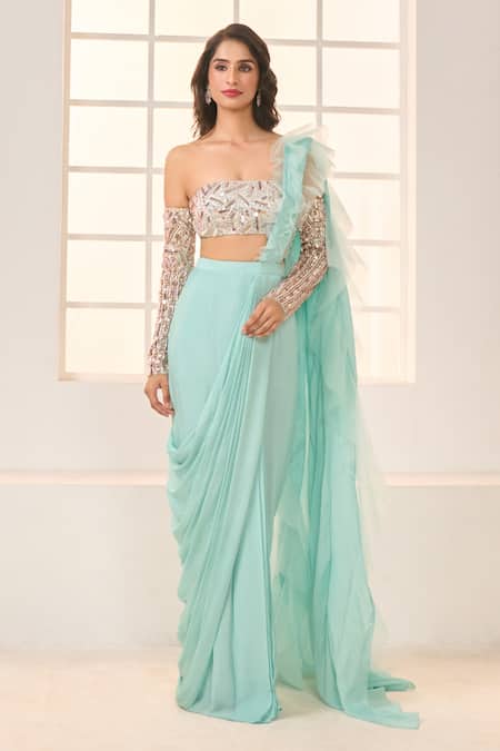 Buy Masumi Mewawalla X AZA Silver Net, Crepe, Satin, Silk Sequins, Cut Work Mint Pre-draped Saree And Blouse Online at Aza Fashions Buy_Masumi Mewawalla X AZA_Silver Net, Crepe, Satin, Silk Sequins, Cut Work Mint Pre-draped Saree And Blouse _Online_at_Aza_Fashions