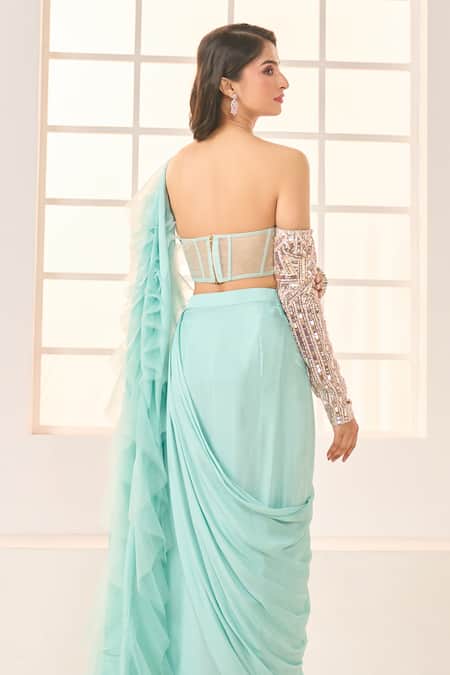 Shop Masumi Mewawalla X AZA Silver Net, Crepe, Satin, Silk Sequins, Cut Work Mint Pre-draped Saree And Blouse Shop_Masumi Mewawalla X AZA_Silver Net, Crepe, Satin, Silk Sequins, Cut Work Mint Pre-draped Saree And Blouse