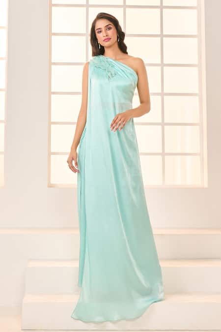 Buy_Masumi Mewawalla X AZA_Green Net, Gingham Sequins, Ruffles One Shoulder Draped Kurta And Pant Set _Online_at_Aza_Fashions