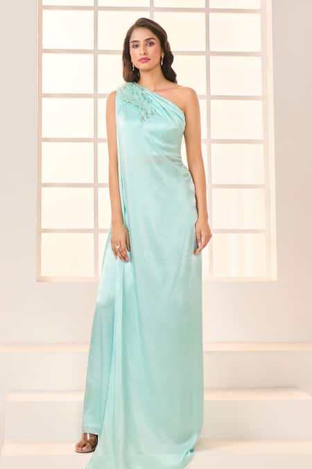 Shop_Masumi Mewawalla X AZA_Green Net, Gingham Sequins, Ruffles One Shoulder Draped Kurta And Pant Set _Online_at_Aza_Fashions