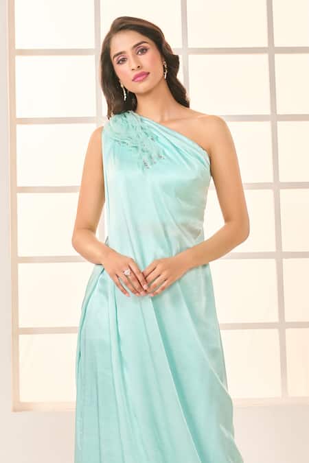 Masumi Mewawalla X AZA_Green Net, Gingham Sequins, Ruffles One Shoulder Draped Kurta And Pant Set _at_Aza_Fashions